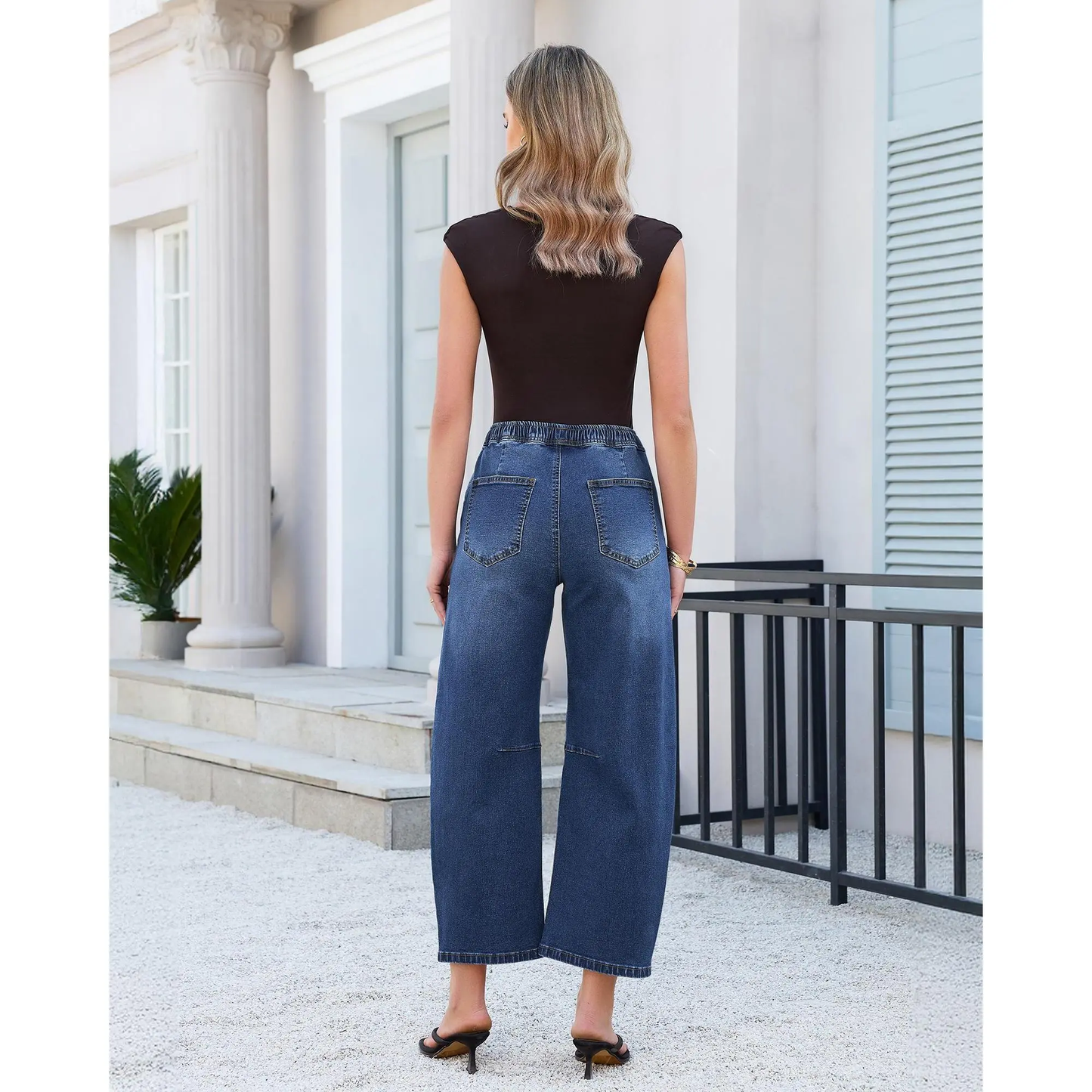 Women's High-Rise Elastic Waist Cropped Wide Leg Jeans