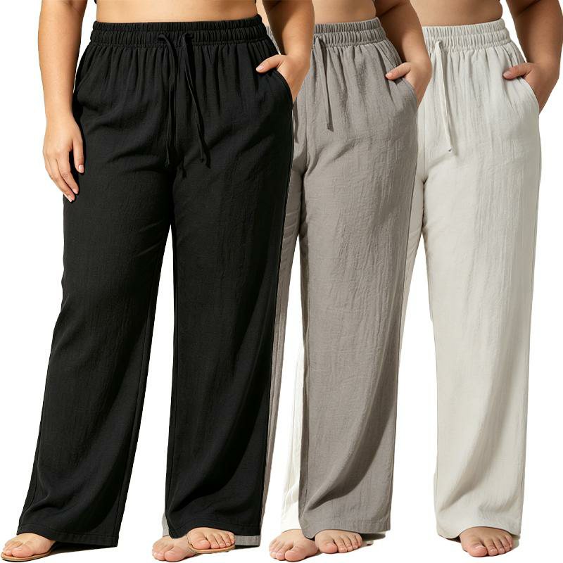 Women's Linen Drawstring Wide Leg Jogger Pants with Pockets