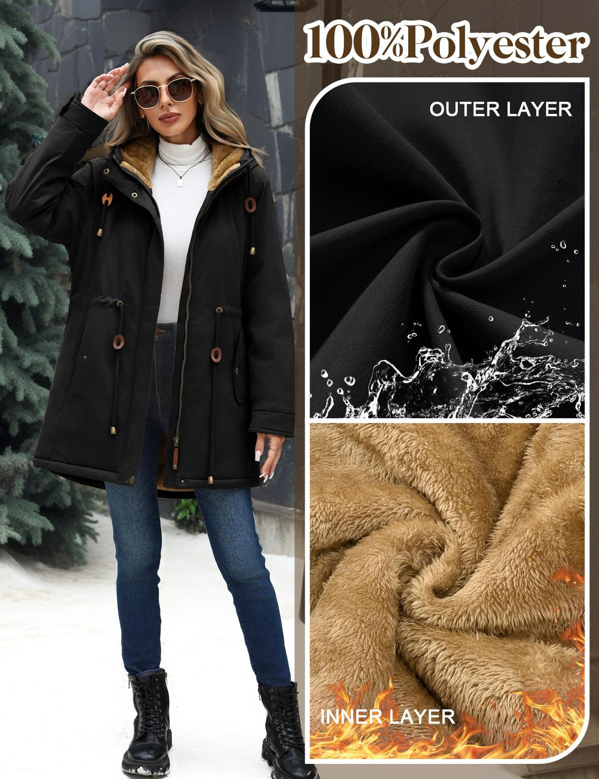 Women's Fleece Parka Jacket, Hooded, Long Warm