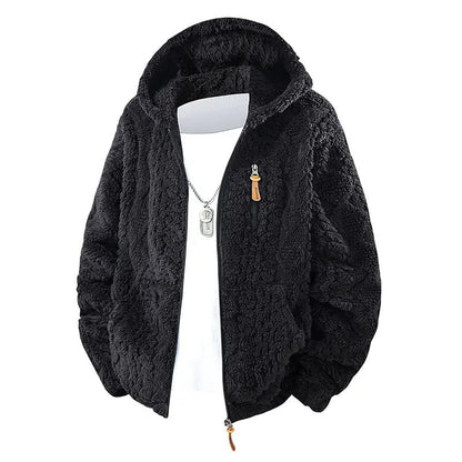 Men's Jacquard Thermal Fleece Zip-Up Hoodie, Loose Fit Warm Plush Texture Hooded Jacket with Kangaroo Pockets