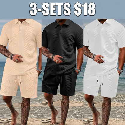 Men's summer casual texture fabric solid color polo shirt T-shirt shorts 2-piece set