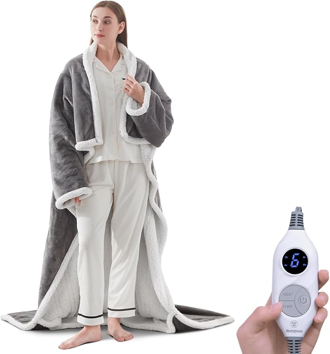🔥Wearable Heated Blanket with Foot Pocket Sherpa🔥Overheat Protection & Auto Shut-Off