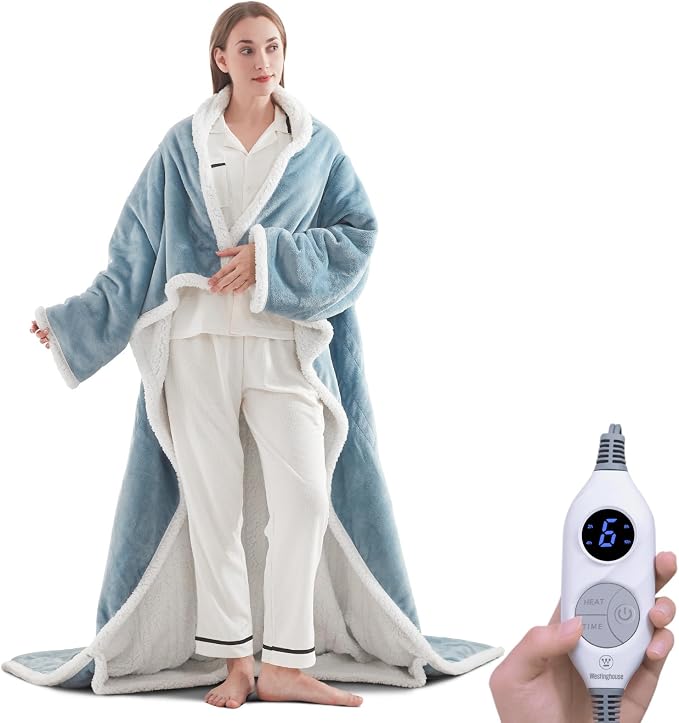 🔥Wearable Heated Blanket with Foot Pocket Sherpa🔥Overheat Protection & Auto Shut-Off