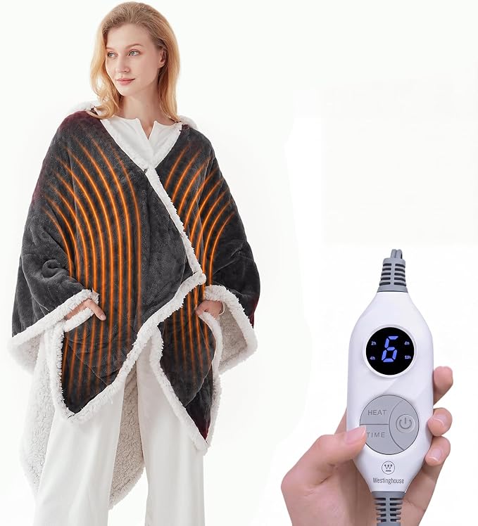 🔥Wearable Heated Blanket with Foot Pocket Sherpa🔥Overheat Protection & Auto Shut-Off