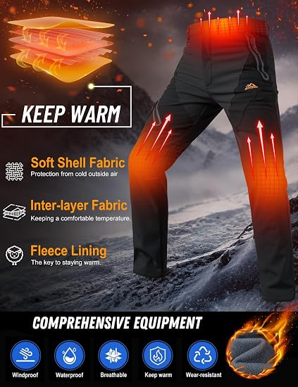 Plain Fleece-Insulated Thermal Pants - Waterproof Softshell, Below the Ankle, Heat Reflective, Zip Pockets