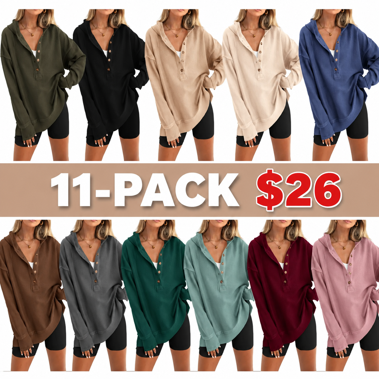Women's Oversized Button V-Neck Hoodie Sweatshirt