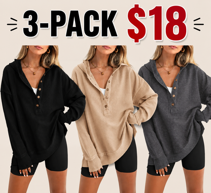 Women's Oversized Button V-Neck Hoodie Sweatshirt
