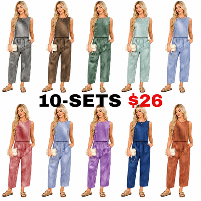 Women's Plaid Two Piece Set, Crop Top & Wide Leg Pants