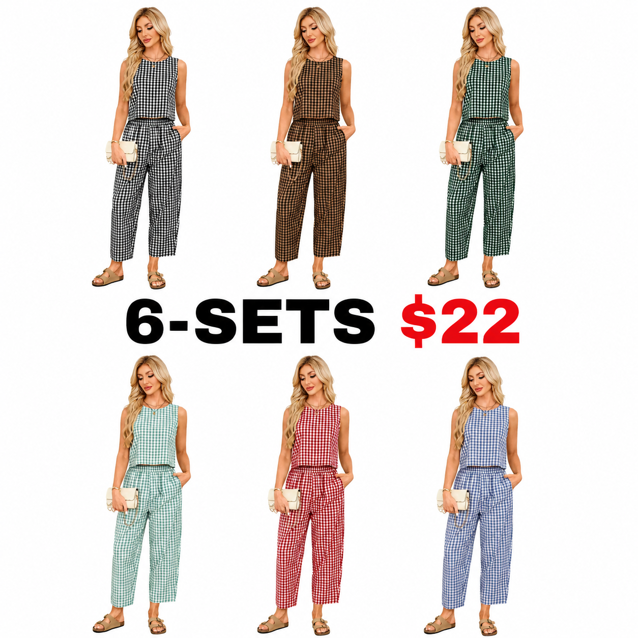 Women's Plaid Two Piece Set, Crop Top & Wide Leg Pants