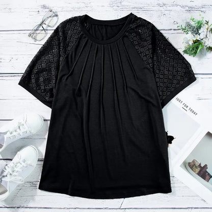 Plus Size Tops for Women Summer Lace Short Sleeve Crewneck Loose Casual Blouse Tunic T Shirts(1X-5X)