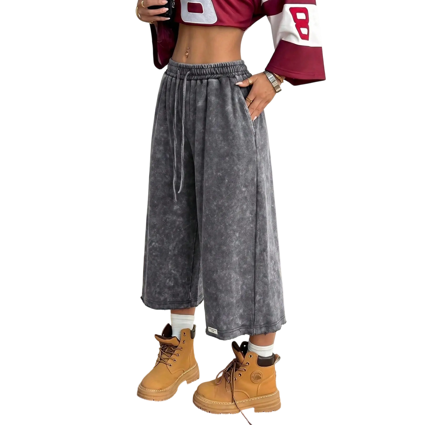 Women's Washed Wide Leg Sweat Shorts with Pockets
