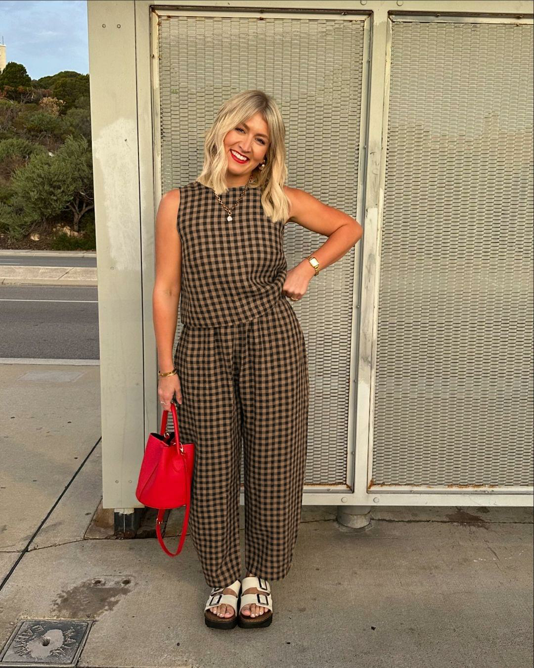 Women's Plaid Two Piece Set, Crop Top & Wide Leg Pants