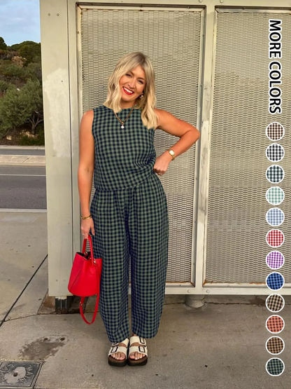 Women's Plaid Two Piece Set, Crop Top & Wide Leg Pants