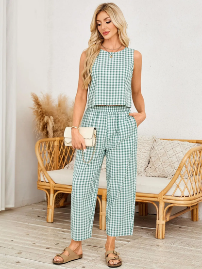 Women's Plaid Two Piece Set, Crop Top & Wide Leg Pants