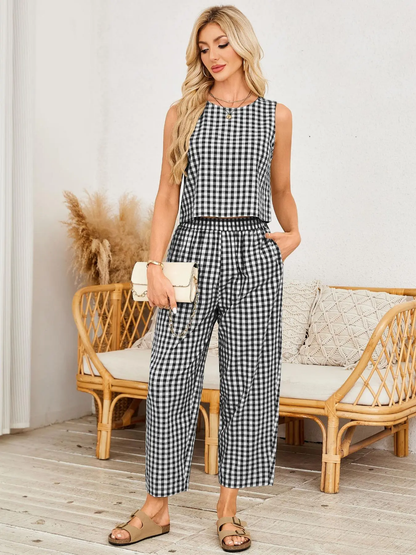 Women's Plaid Two Piece Set, Crop Top & Wide Leg Pants