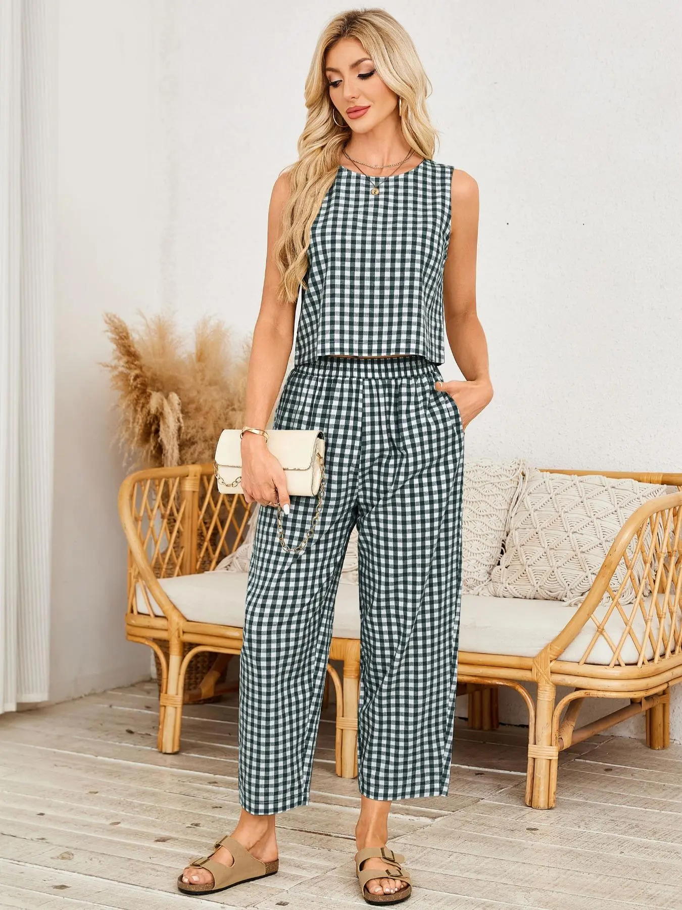 Women's Plaid Two Piece Set, Crop Top & Wide Leg Pants