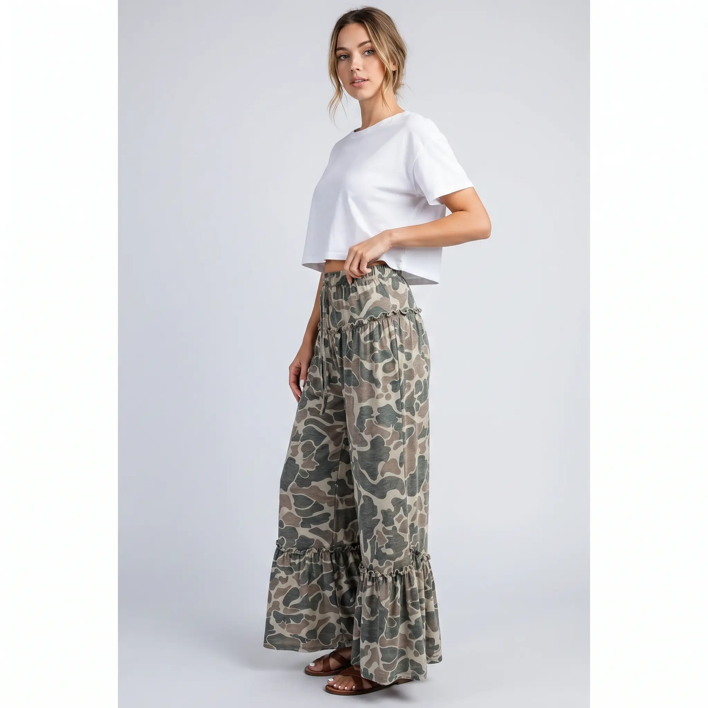 Multicolour Camo Print Wide Leg Casual Pants