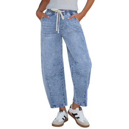 Women's  High-Rise Elastic Waist Cropped Wide Leg Jeans