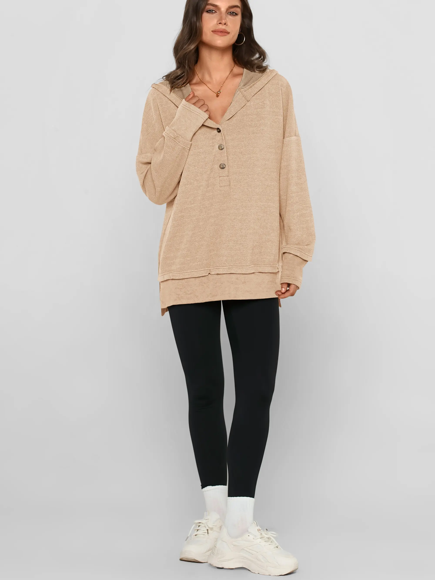 Women's Oversized Button V-Neck Hoodie Sweatshirt