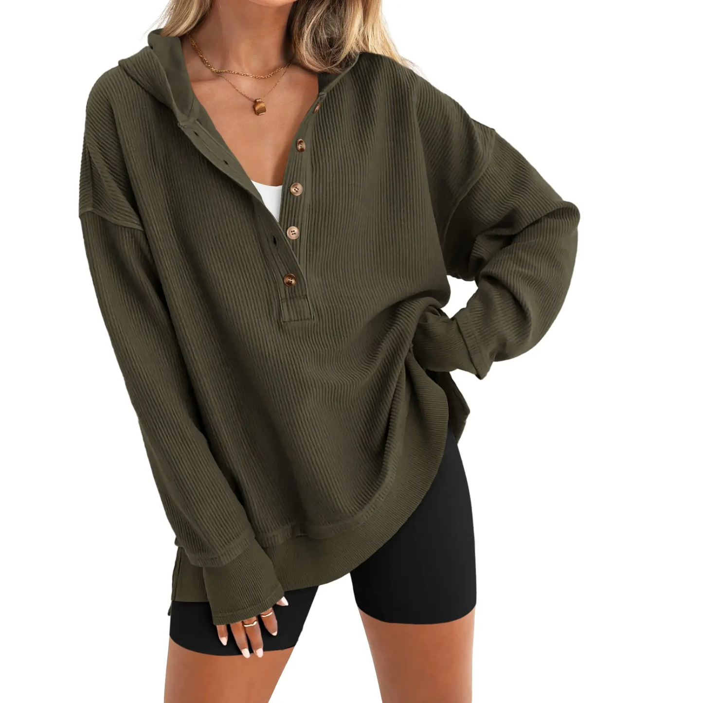 Women's Oversized Button V-Neck Hoodie Sweatshirt