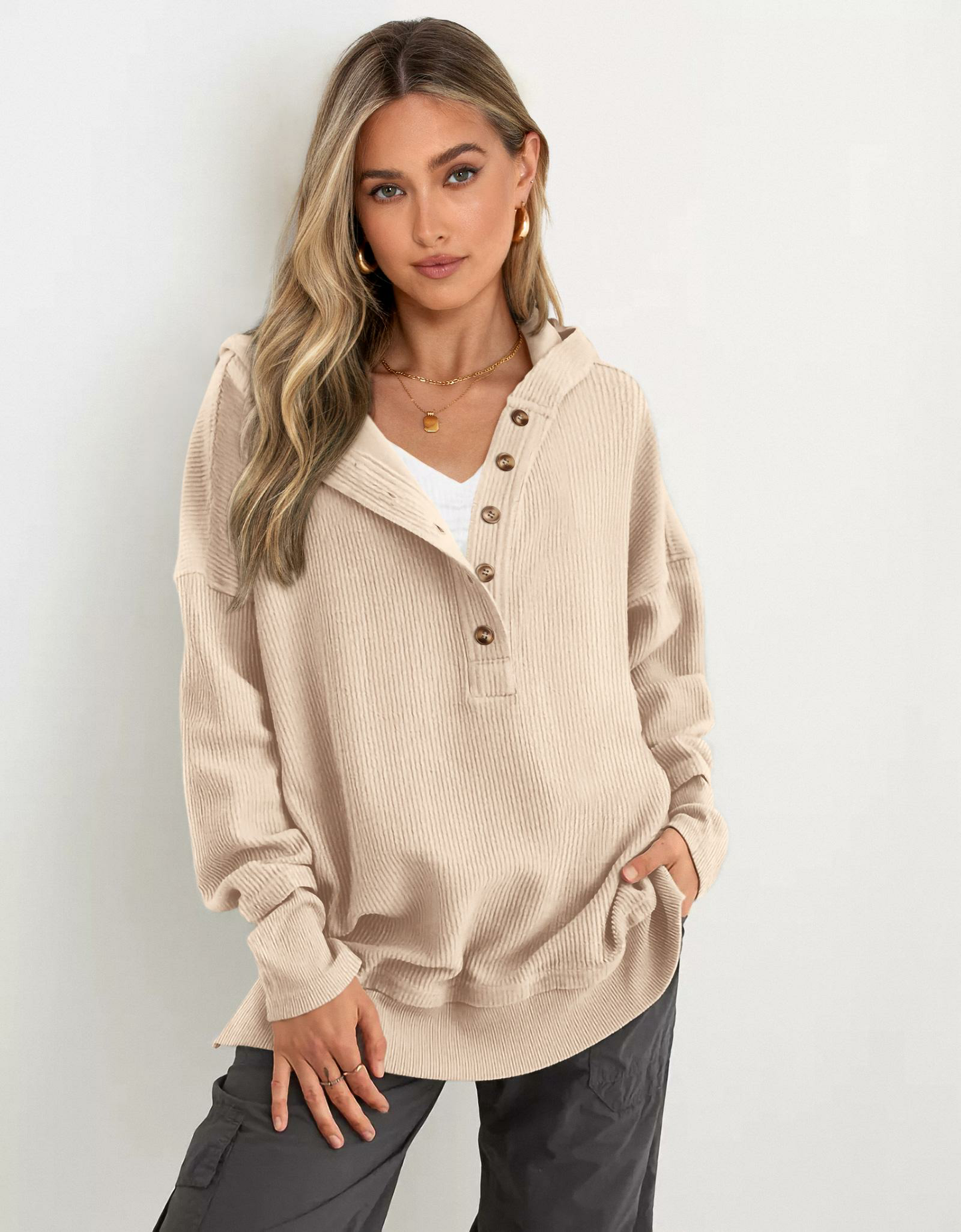 Women's Oversized Button V-Neck Hoodie Sweatshirt