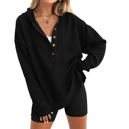 Women's Oversized Button V-Neck Hoodie Sweatshirt