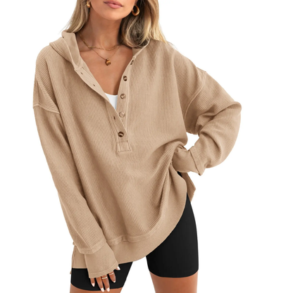 Women's Oversized Button V-Neck Hoodie Sweatshirt