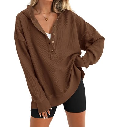 Women's Oversized Button V-Neck Hoodie Sweatshirt