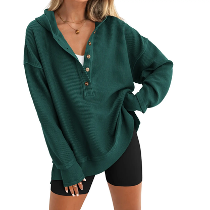 Women's Oversized Button V-Neck Hoodie Sweatshirt