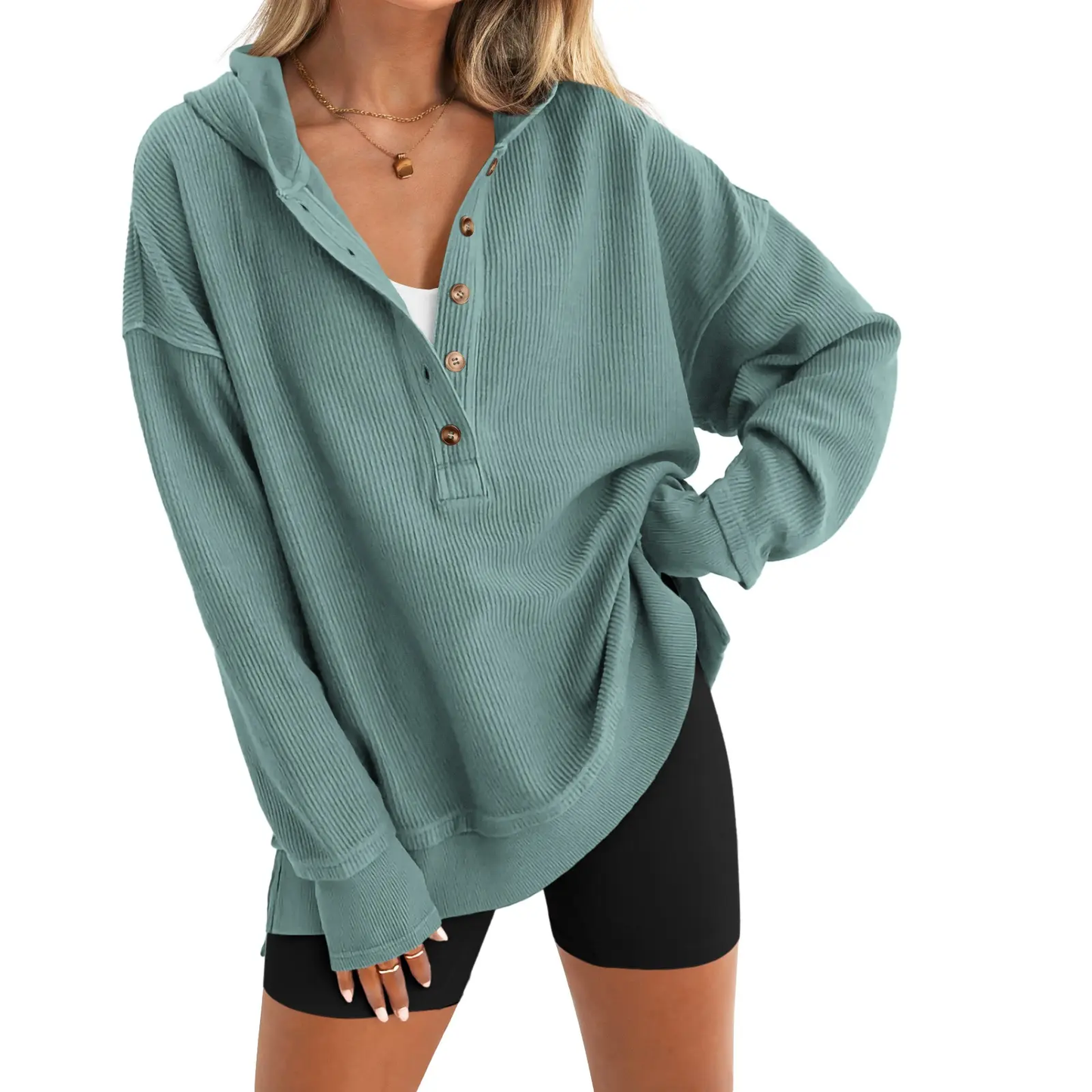 Women's Oversized Button V-Neck Hoodie Sweatshirt