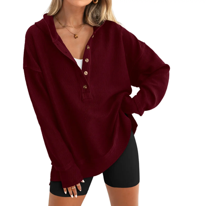 Women's Oversized Button V-Neck Hoodie Sweatshirt