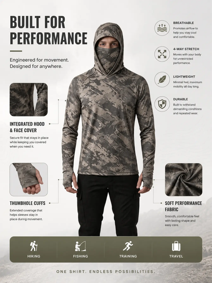 Men's Camo Hooded Shirt with Face Mask | UPF Sun Protection