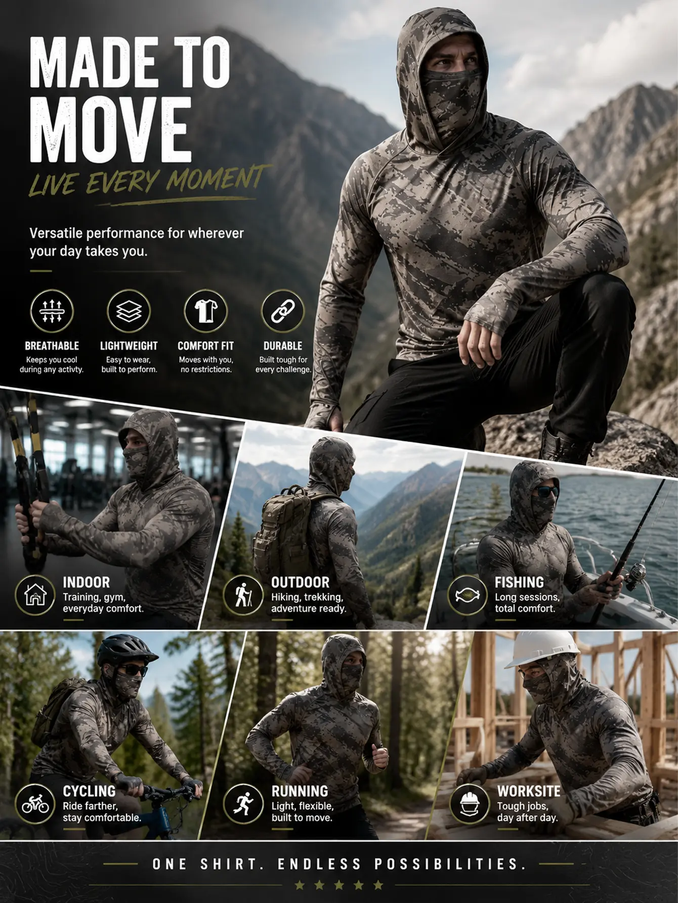 Men's Camo Hooded Shirt with Face Mask | UPF Sun Protection