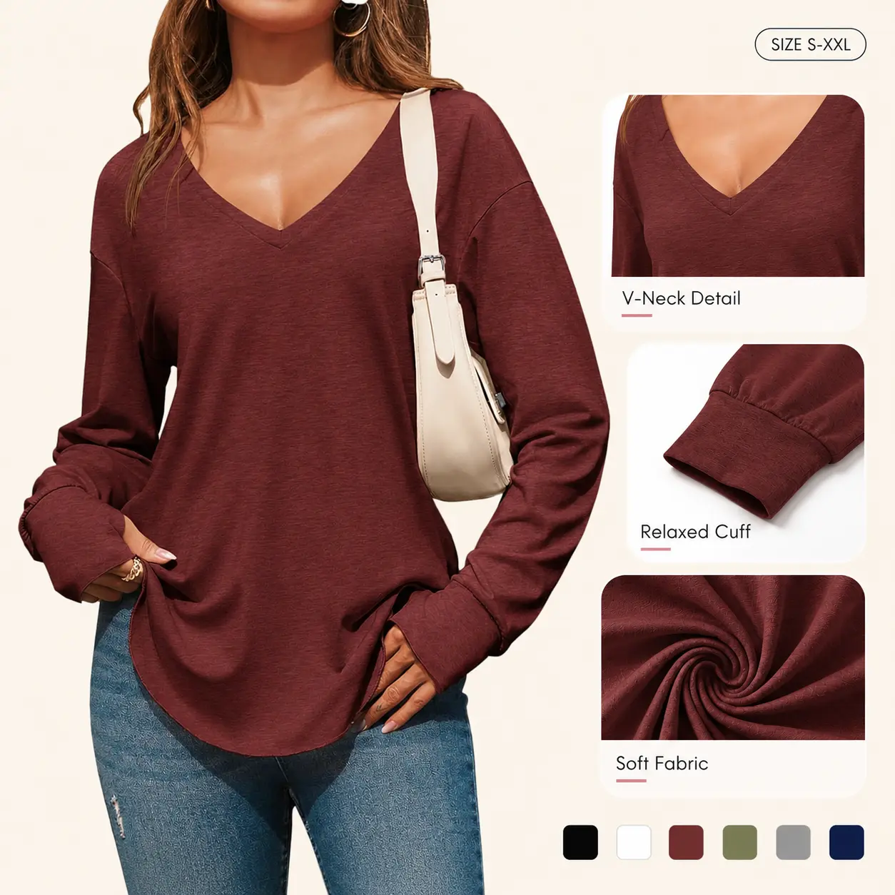 Women's Deep V-Neck Long Sleeve Oversized Tunic Top