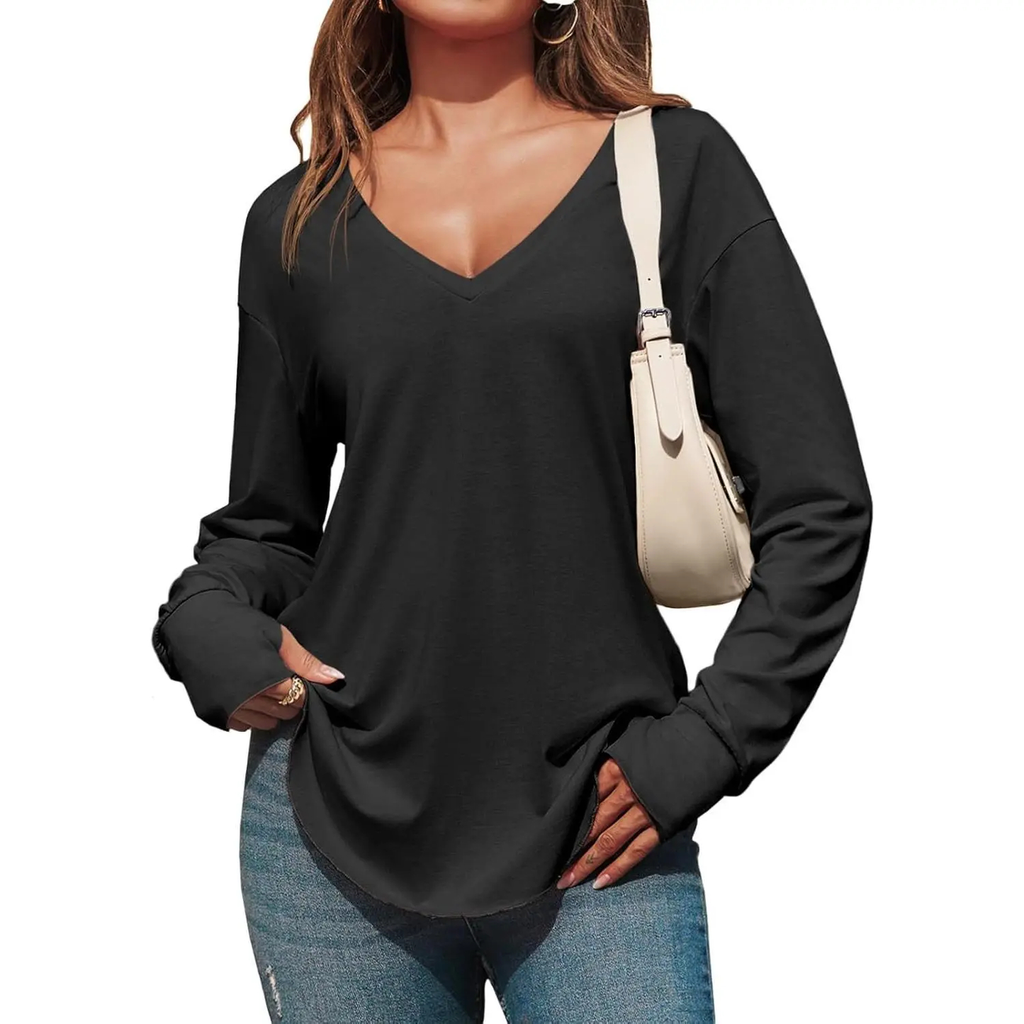 Women's Deep V-Neck Long Sleeve Oversized Tunic Top