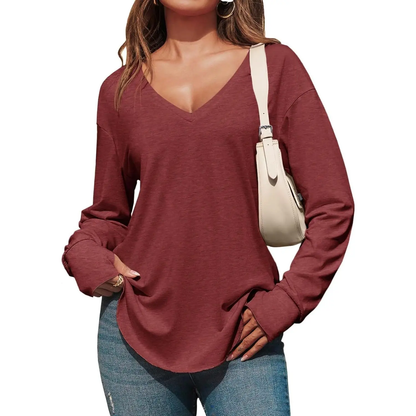 Women's Deep V-Neck Long Sleeve Oversized Tunic Top