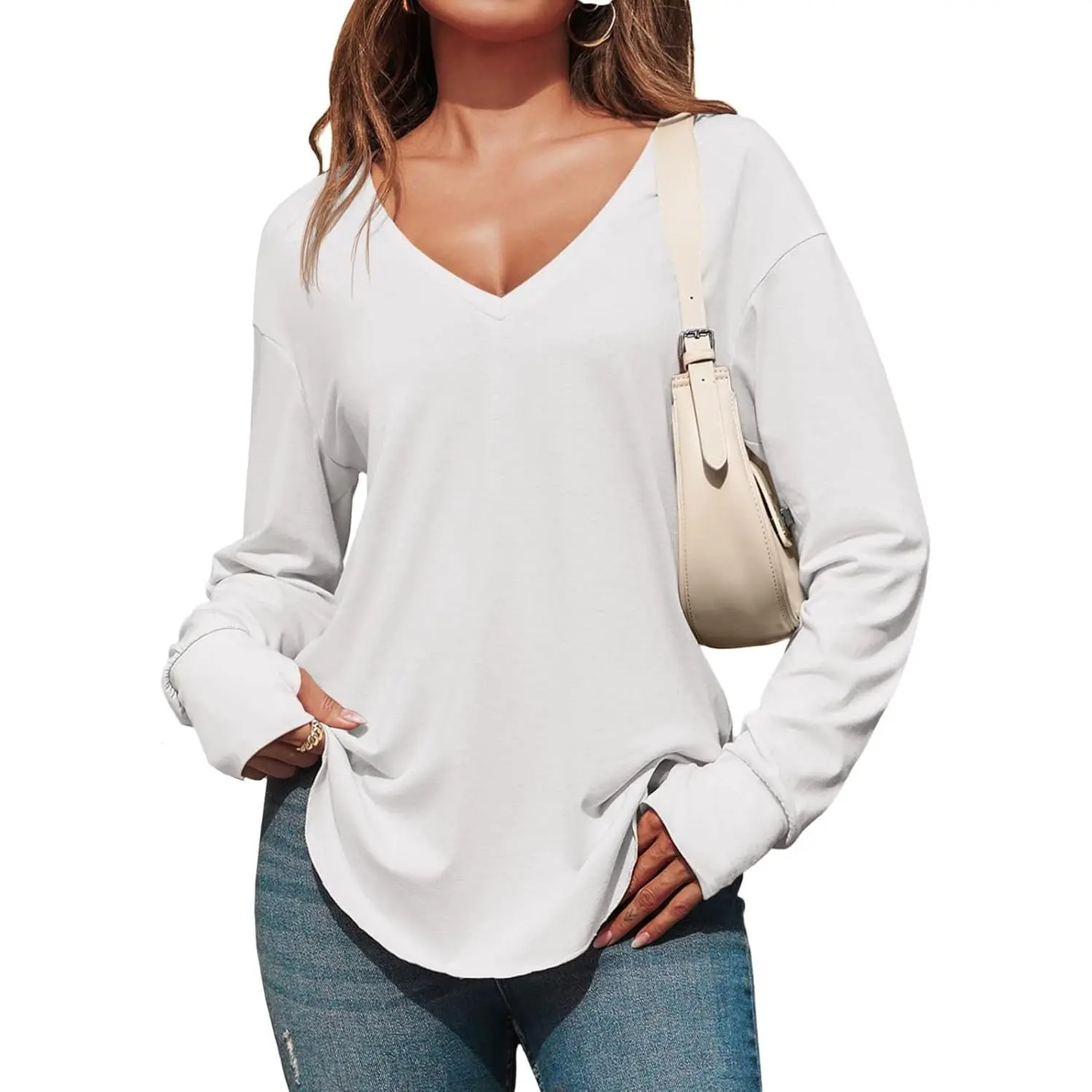 Women's Deep V-Neck Long Sleeve Oversized Tunic Top