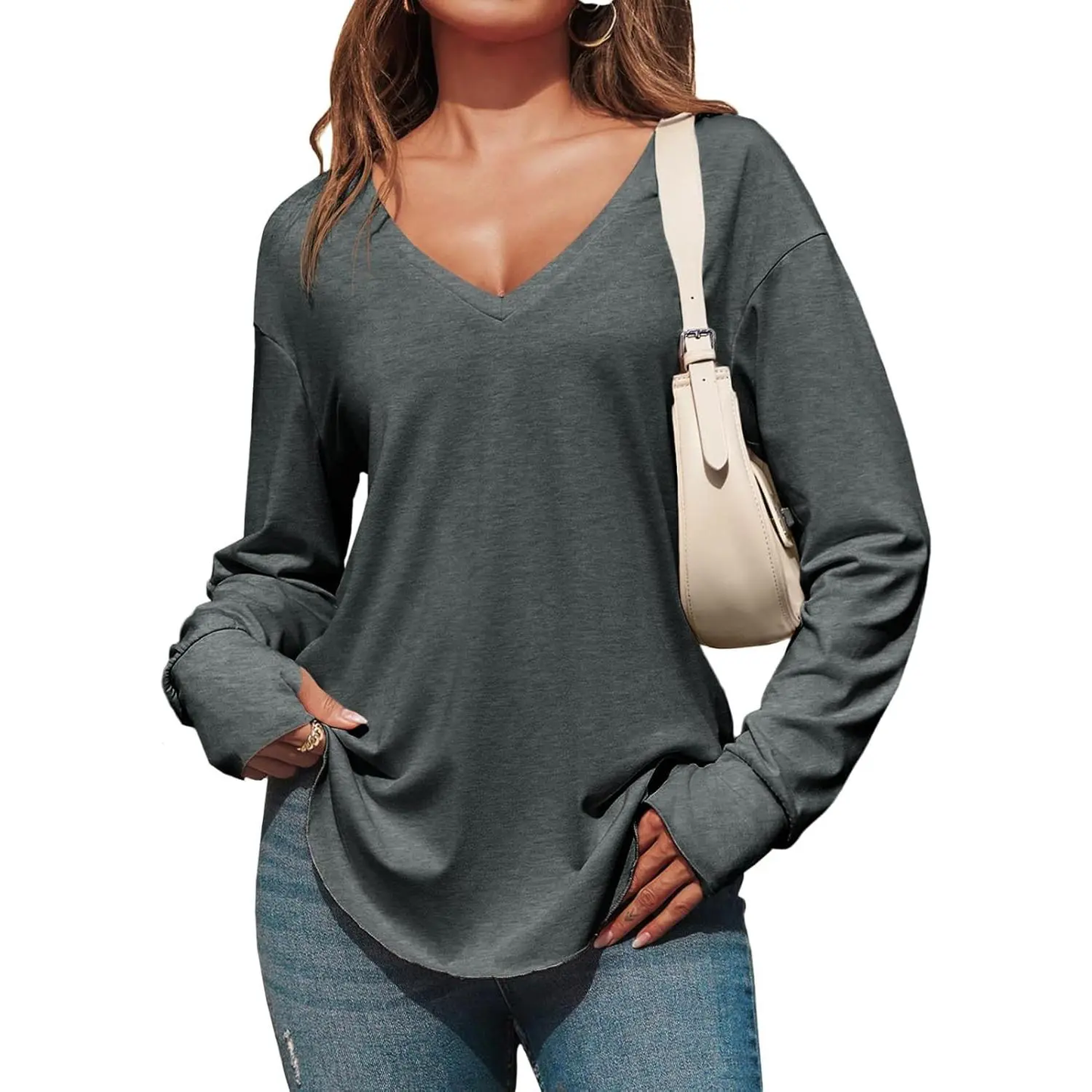 Women's Deep V-Neck Long Sleeve Oversized Tunic Top