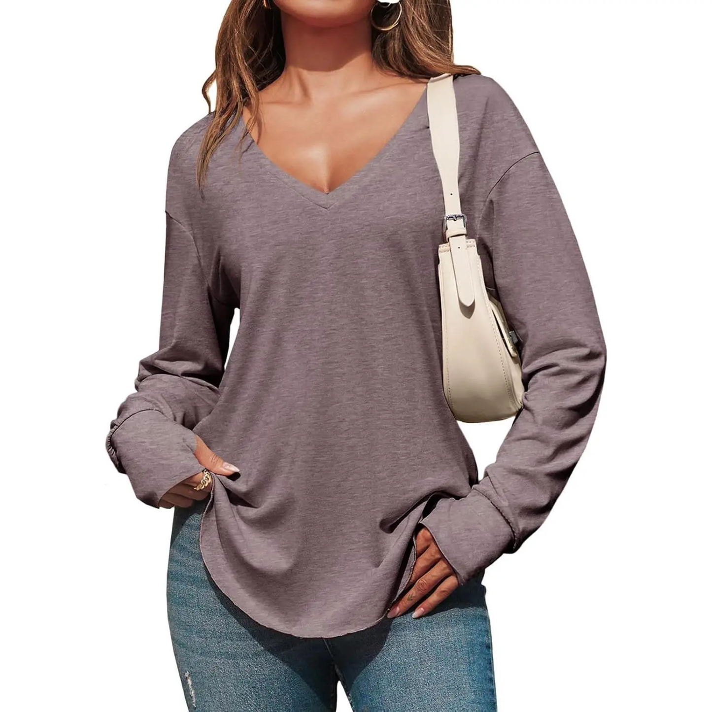 Women's Deep V-Neck Long Sleeve Oversized Tunic Top