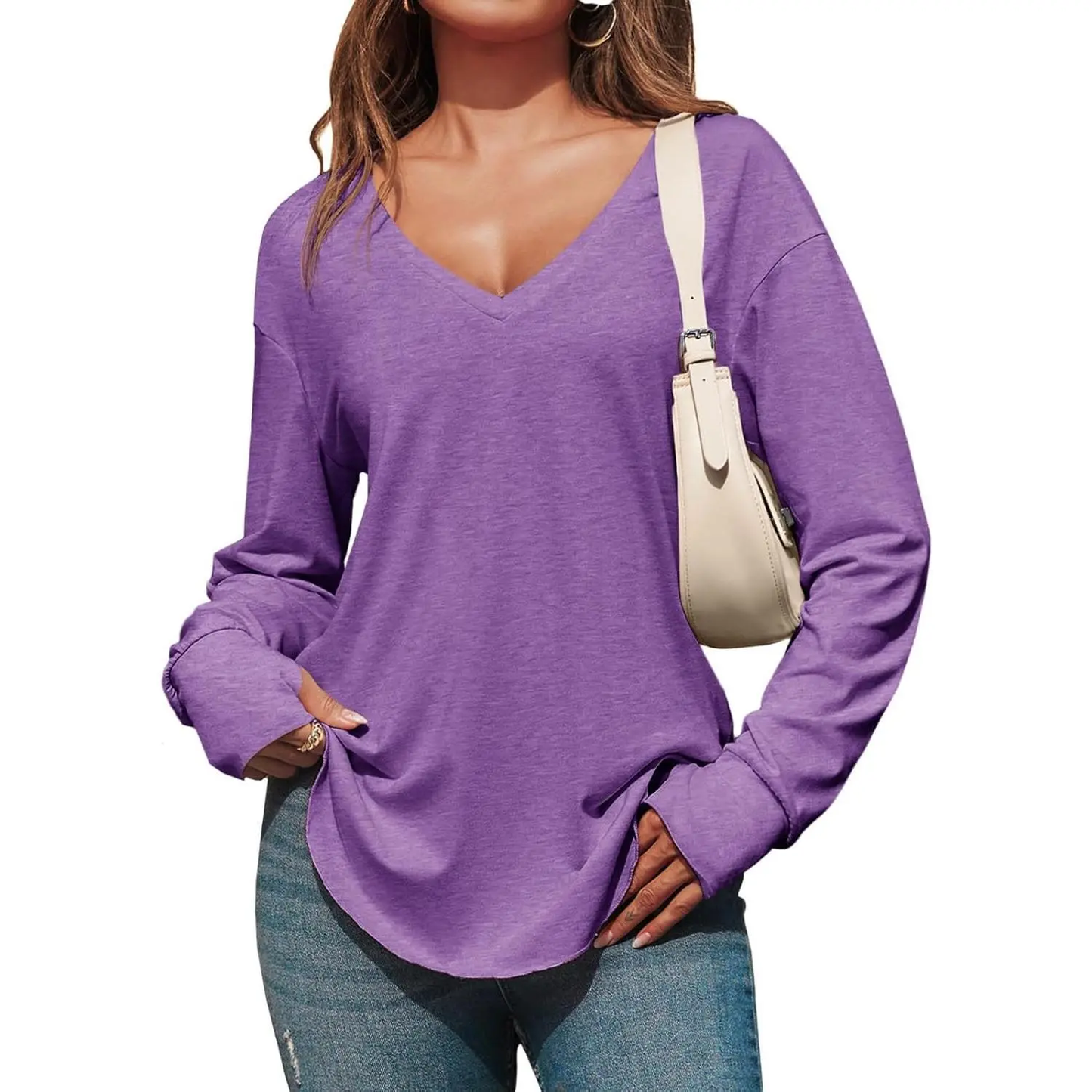 Women's Deep V-Neck Long Sleeve Oversized Tunic Top