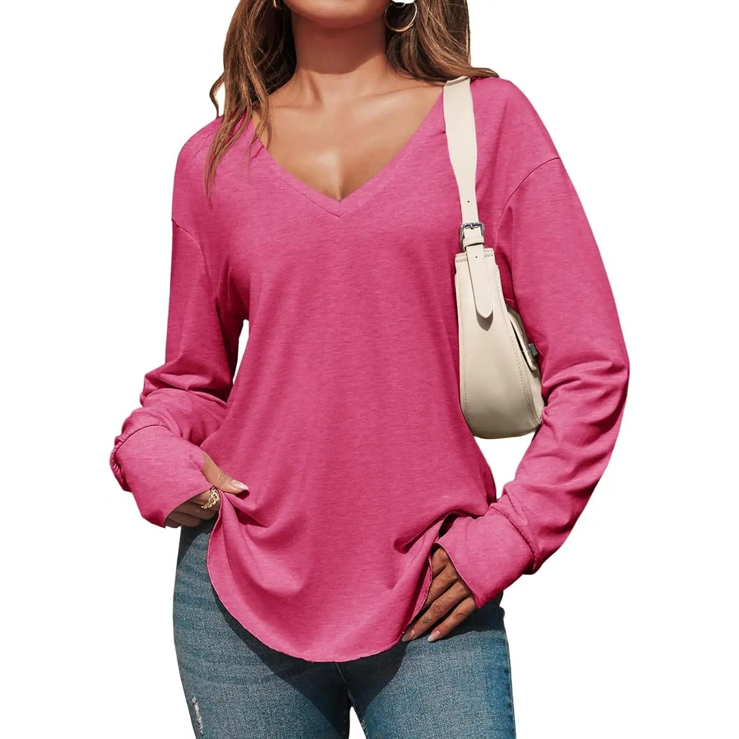 Women's Deep V-Neck Long Sleeve Oversized Tunic Top