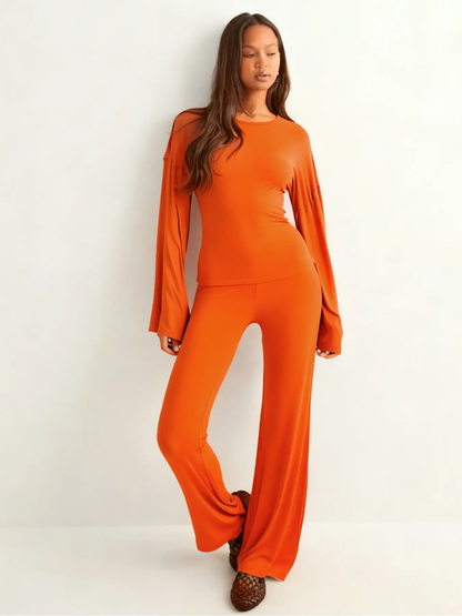 Women's New Fall Solid Fitted Round Neck Flare Sleeve Top & Elastic Waist Straight Leg Pants Loungewear