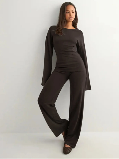 Women's New Fall Solid Fitted Round Neck Flare Sleeve Top & Elastic Waist Straight Leg Pants Loungewear