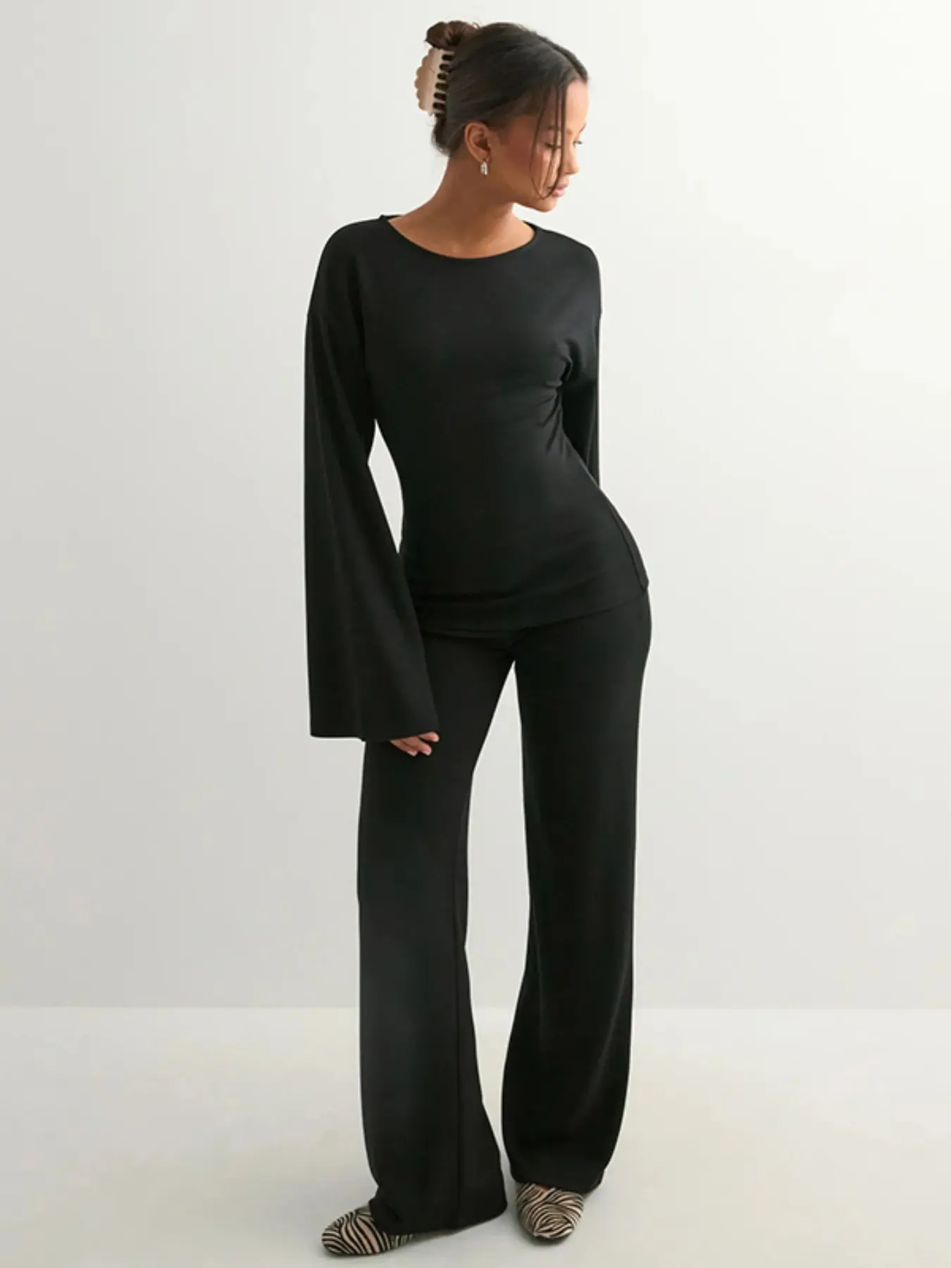 Women's New Fall Solid Fitted Round Neck Flare Sleeve Top & Elastic Waist Straight Leg Pants Loungewear