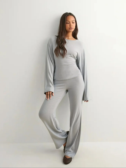 Women's New Fall Solid Fitted Round Neck Flare Sleeve Top & Elastic Waist Straight Leg Pants Loungewear