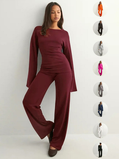 Women's New Fall Solid Fitted Round Neck Flare Sleeve Top & Elastic Waist Straight Leg Pants Loungewear