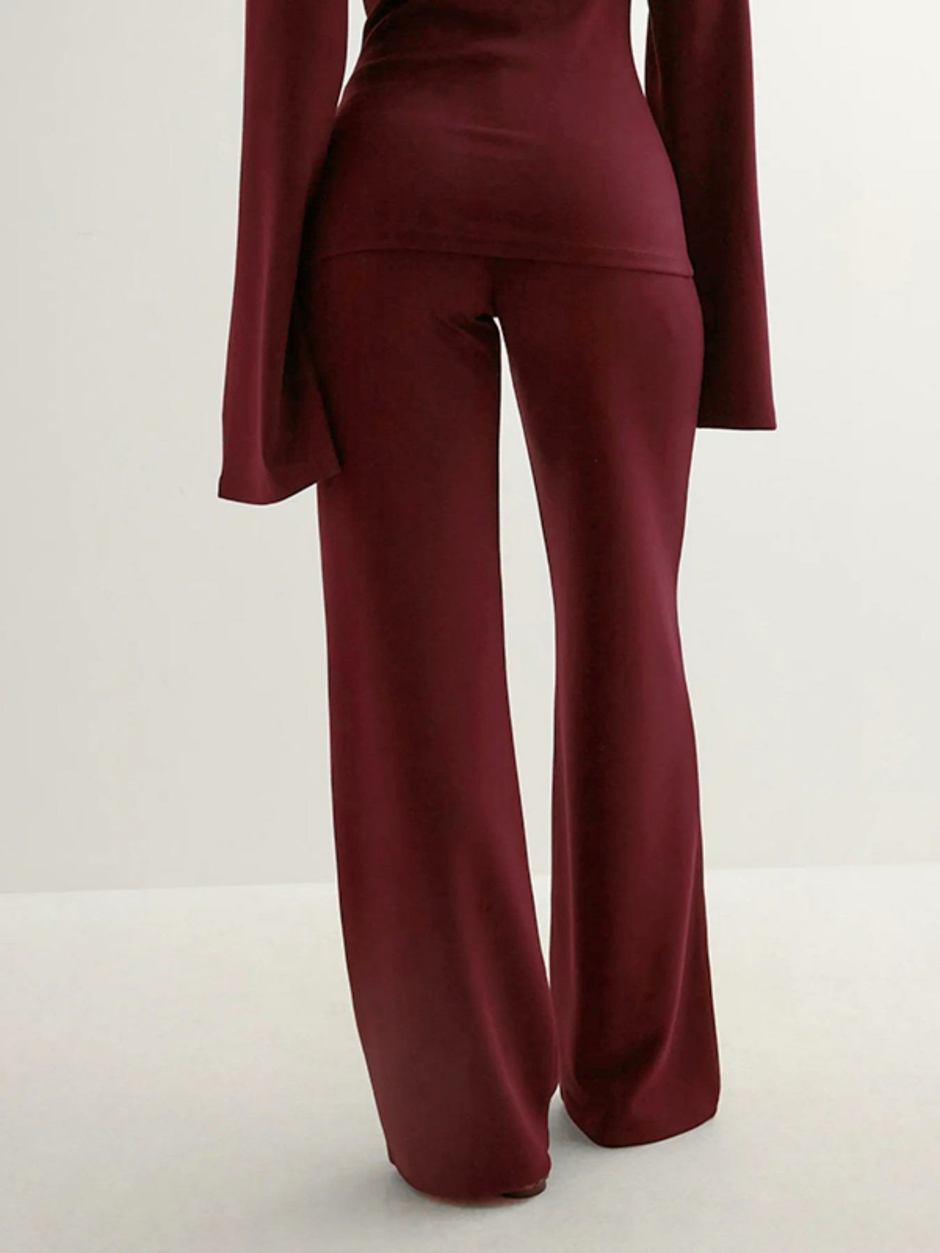 Women's New Fall Solid Fitted Round Neck Flare Sleeve Top & Elastic Waist Straight Leg Pants Loungewear