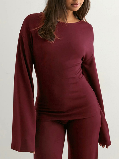 Women's New Fall Solid Fitted Round Neck Flare Sleeve Top & Elastic Waist Straight Leg Pants Loungewear