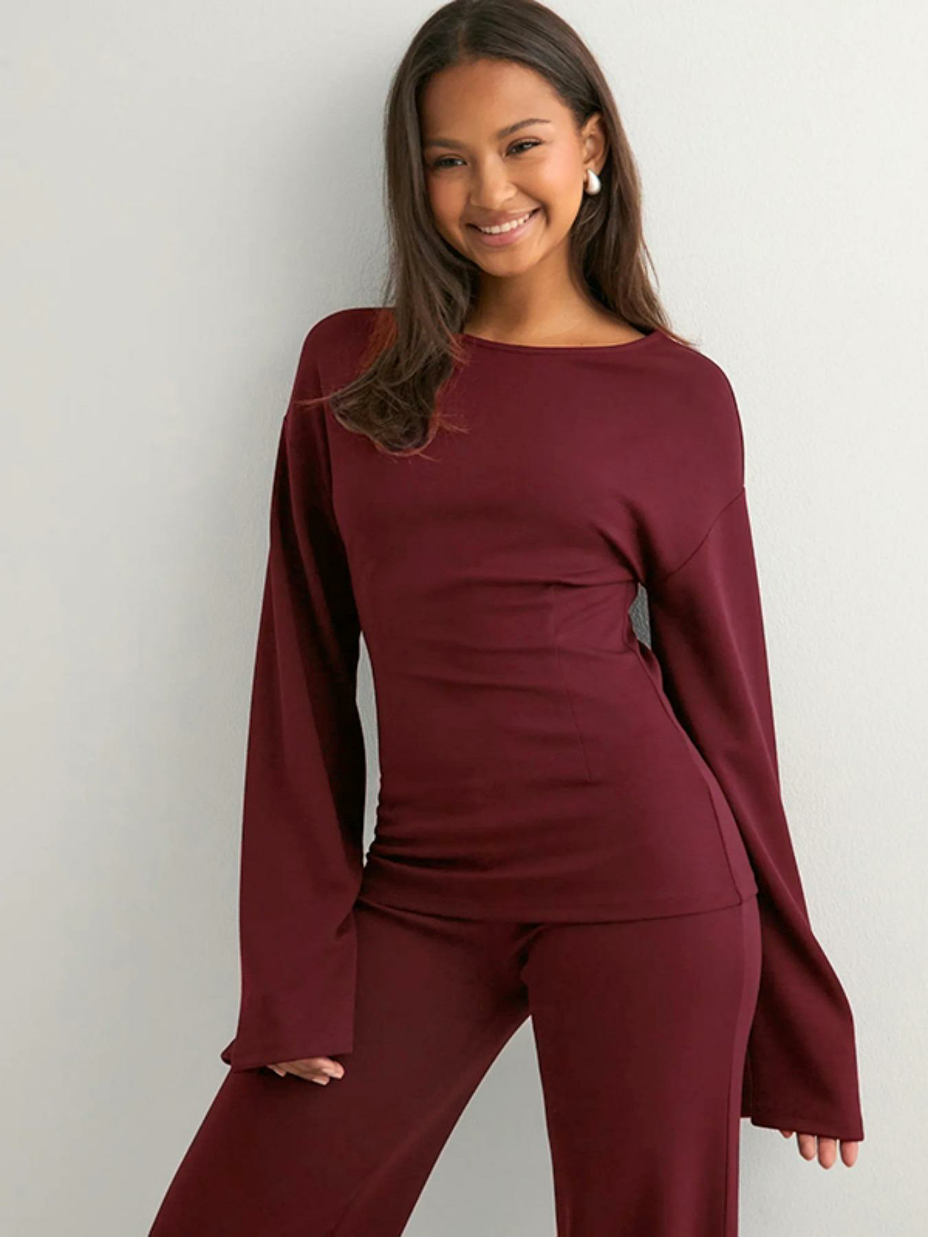 Women's New Fall Solid Fitted Round Neck Flare Sleeve Top & Elastic Waist Straight Leg Pants Loungewear