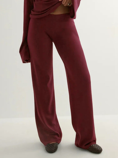 Women's New Fall Solid Fitted Round Neck Flare Sleeve Top & Elastic Waist Straight Leg Pants Loungewear
